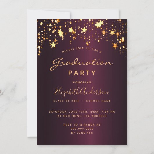 Afstudeerfeest bordeaux gouden sterren 2025 luxe kaart (Voorkant)