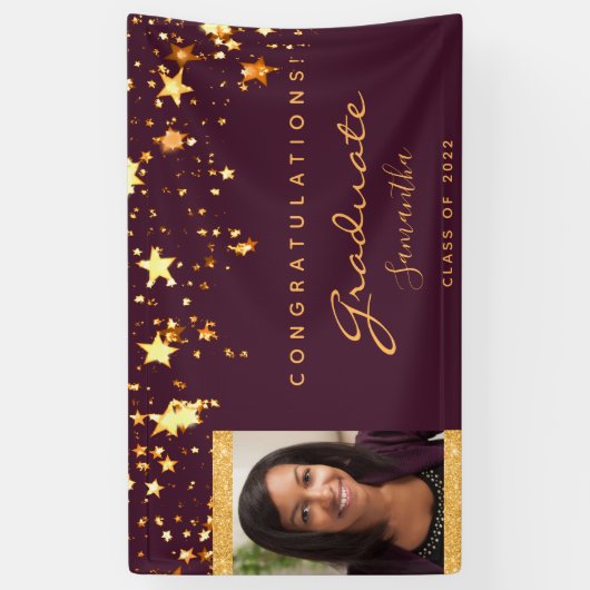Afstudeerfeest bordeaux gouden sterren foto 2025 spandoek (Verticaal)