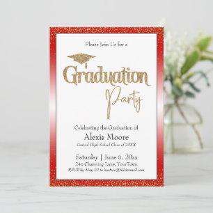 Afstudeerfeest Bright Red Ombre Gold Confetti Kaart