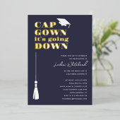 Afstudeerfeest Cap Gown it's Going Down Navy Folie Uitnodiging (Staand Voorkant)