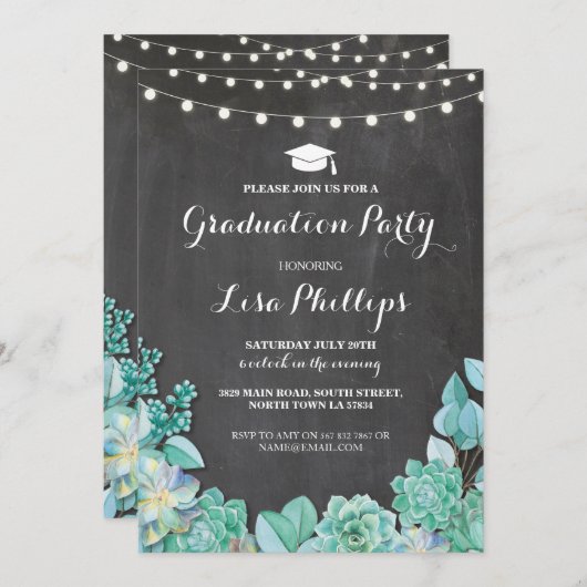 Afstudeerfeest Chalk Succulents Bloemenuitnodiging Kaart (Voorkant / Achterkant)