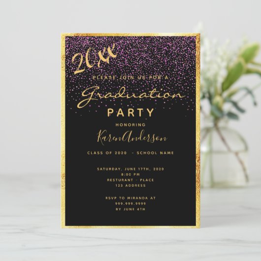 Afstudeerfeest chic zwart confetti goud 2025 kaart (Staand voorkant)