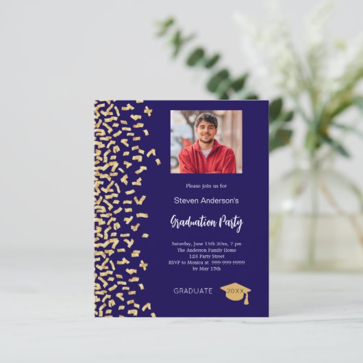 Afstudeerfeest donkerblauw goud foto uitnodiging (Staand voorkant)
