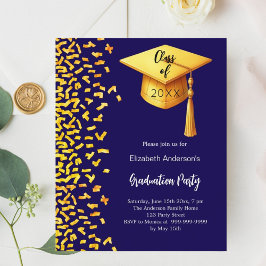 Afstudeerfeest donkerblauw goud uitnodiging