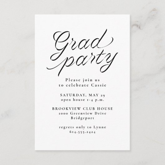 Afstudeerfeest eenvoudig zwart-wit informatiekaartje (Voorkant)