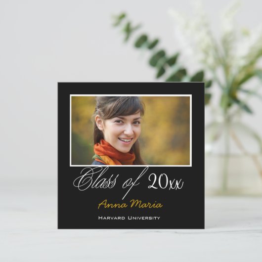 Afstudeerfeest foto gouden uitnodiging (Staand voorkant)
