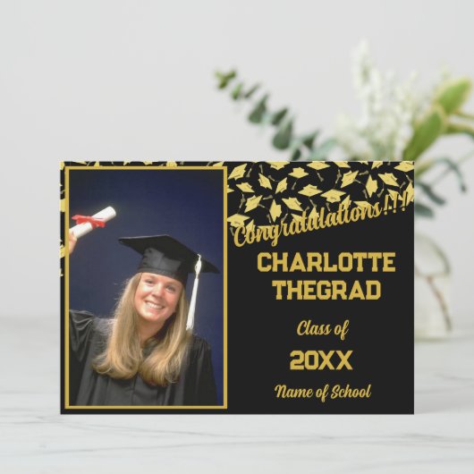 Afstudeerfeest Gefeliciteerd Black Gold Foto Kaart (Staand voorkant)