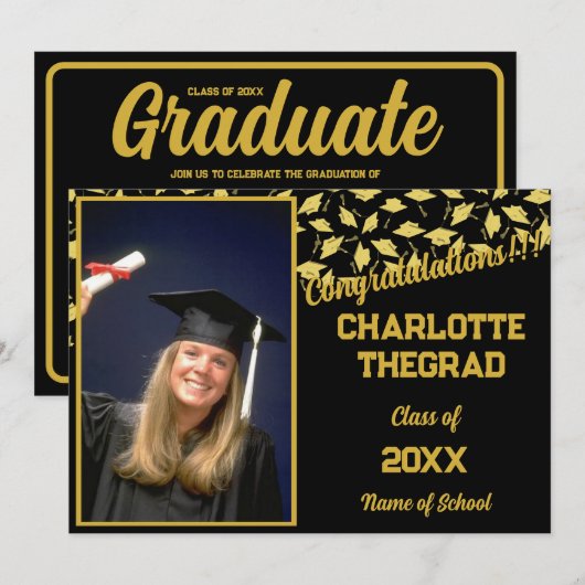 Afstudeerfeest Gefeliciteerd Black Gold Foto Kaart (Voorkant / Achterkant)