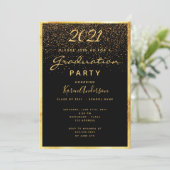 Afstudeerfeest glam zwart confetti goud kaart (Staand voorkant)