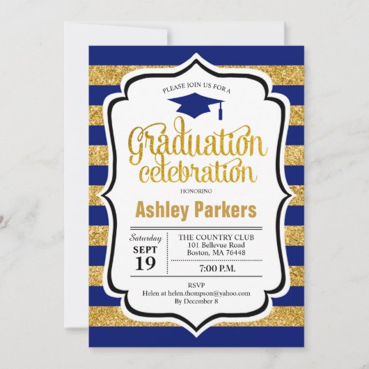 Afstudeerfeest - Gold Navy Blue Stripes Kaart (Voorkant)