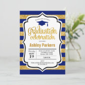 Afstudeerfeest - Gold Navy Blue Stripes Kaart (Staand voorkant)