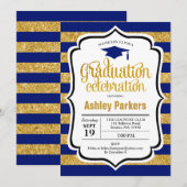 Afstudeerfeest - Gold Navy Blue Stripes Kaart (Voorkant / Achterkant)