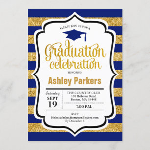 Afstudeerfeest - Gold Navy Blue Stripes Kaart
