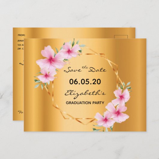 Afstudeerfeest goud roze bloemen geometrisch briefkaart (Voorkant / Achterkant)