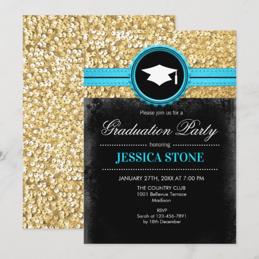 Afstudeerfeest - Goud Zwart Turquoise Kaart (Voorkant / Achterkant)