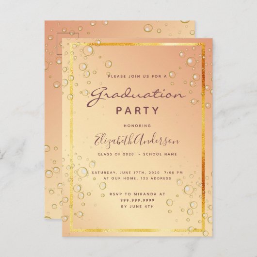 Afstudeerfeest gouden bubbels uitnodiging (Voorkant / Achterkant)
