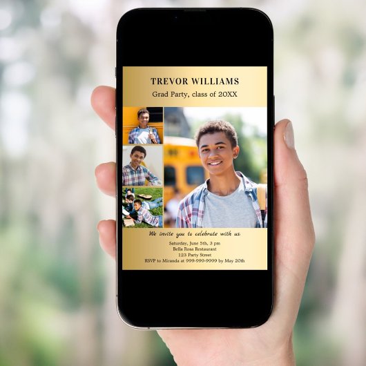 Afstudeerfeest gouden fotocollage kaart