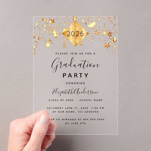 Afstudeerfeest gouden sterren pet topper duidelijk acryl uitnodigingen (Insitu (Draagbaar))