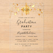 Afstudeerfeest gouden sterren pet topper duidelijk acryl uitnodigingen (Voorkant)