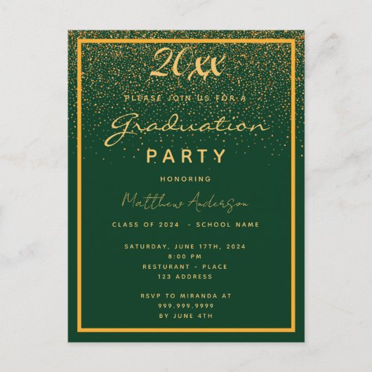Afstudeerfeest groen goud confetti 2025 uitnodiging briefkaart (Voorkant)