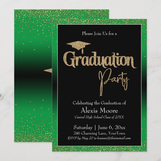 Afstudeerfeest Heldergroen Ombre Confetti Kaart (Voorkant / Achterkant)
