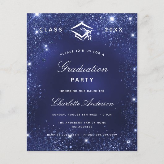 Afstudeerfeest marine blauw glitter 2025 uitnodigi (Voorkant)