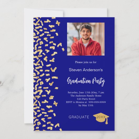Afstudeerfeest marine blauw goud confetti foto kaart (Voorkant)