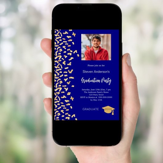 Afstudeerfeest marine blauw goud confetti foto kaart