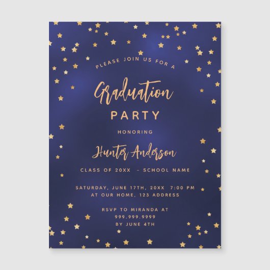 Afstudeerfeest marine blauw goud sterren luxe magnetische uitnodiging (Voorkant)