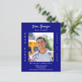 Afstudeerfeest marine blauw wit foto uitnodiging (Staand voorkant)