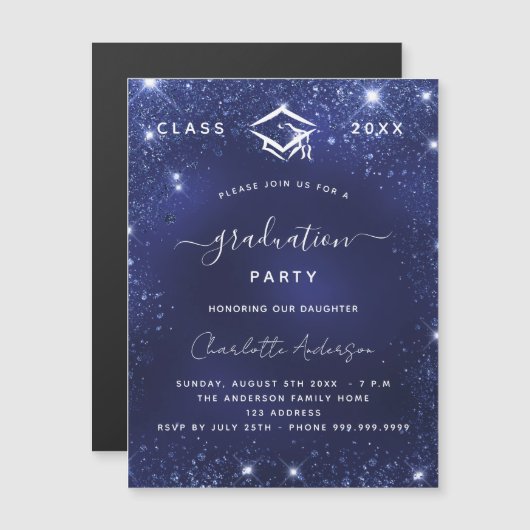 Afstudeerfeest marineblauw sprankelt luxe 2025 magnetische uitnodiging (Voorkant / Achterkant)