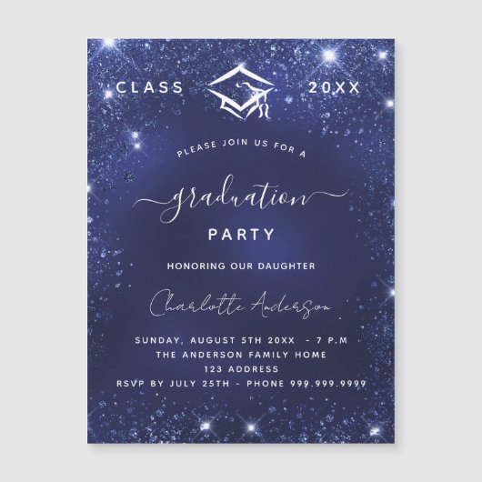Afstudeerfeest marineblauw sprankelt luxe 2025 magnetische uitnodiging (Voorkant)