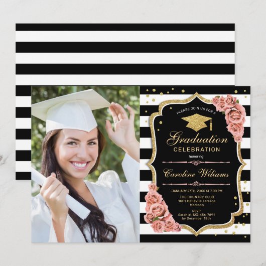 Afstudeerfeest met foto - Blush Pink Gold Kaart (Voorkant / Achterkant)