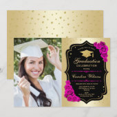 Afstudeerfeest met foto - Gold Black Hot Pink Kaart (Voorkant / Achterkant)