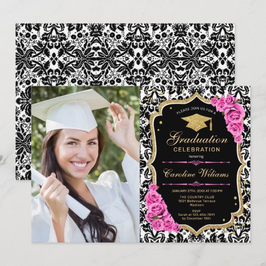 Afstudeerfeest met foto - Gold Black Pink Kaart (Voorkant / Achterkant)