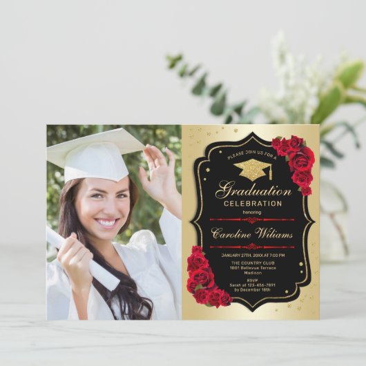 Afstudeerfeest met foto - Gold Black Red Kaart (Staand voorkant)