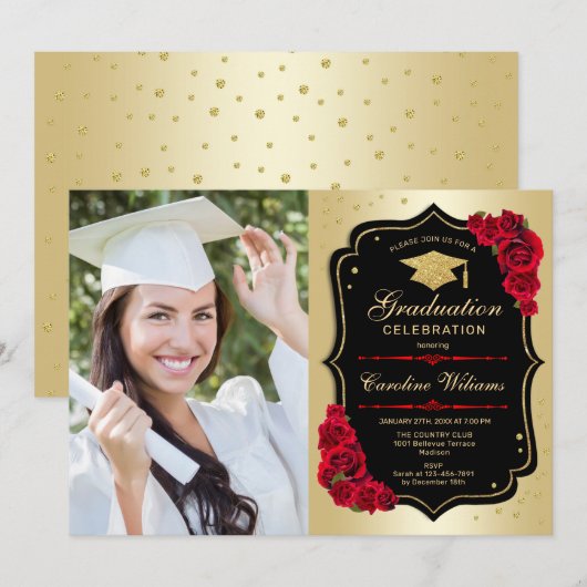Afstudeerfeest met foto - Gold Black Red Kaart (Voorkant / Achterkant)
