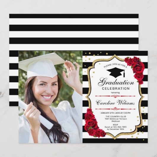 Afstudeerfeest met foto - Gold Red Black Kaart (Voorkant / Achterkant)