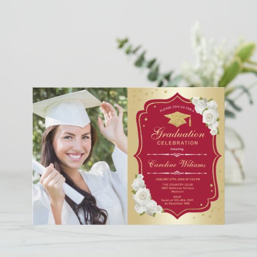 Afstudeerfeest met foto - Gold Red Kaart (Staand voorkant)