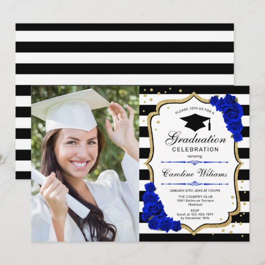 Afstudeerfeest Met Foto - Goud Koningsblauw Kaart (Voorkant / Achterkant)