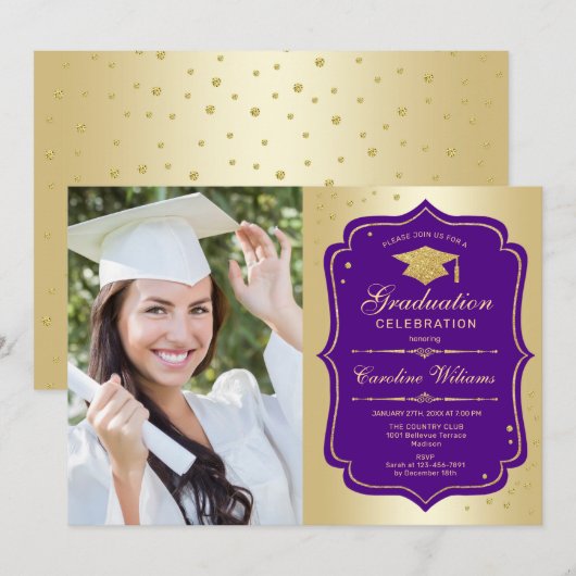 Afstudeerfeest met foto - Goud Paarse Kaart (Voorkant / Achterkant)