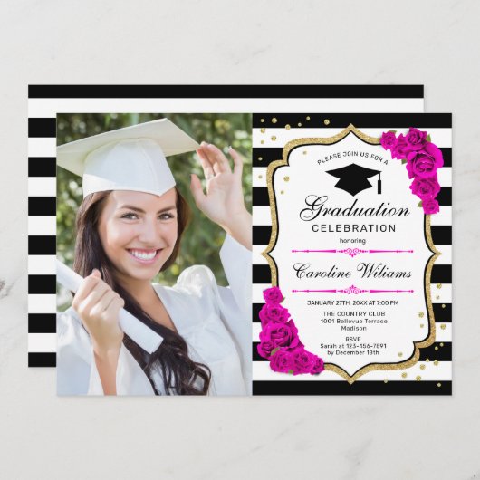 Afstudeerfeest met foto - Goud Roze Wit Kaart (Voorkant / Achterkant)