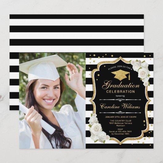 Afstudeerfeest met foto - Goud Zwart Wit Kaart (Voorkant / Achterkant)
