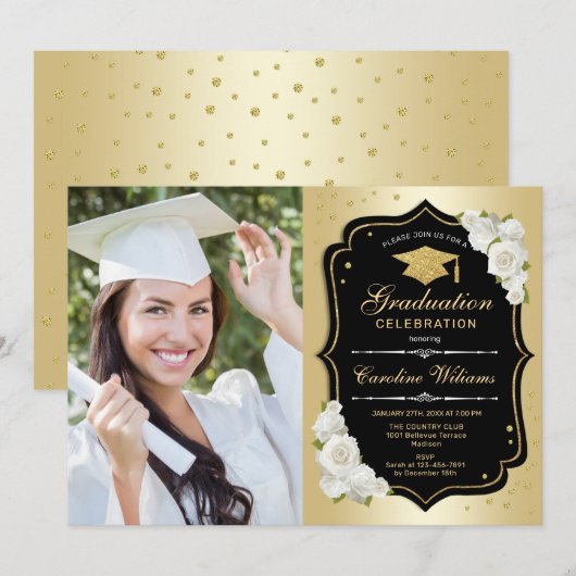Afstudeerfeest met foto - Goud Zwart Wit Kaart (Voorkant / Achterkant)