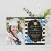Afstudeerfeest met foto - goudblauwe bloemen kaart (Staand voorkant)
