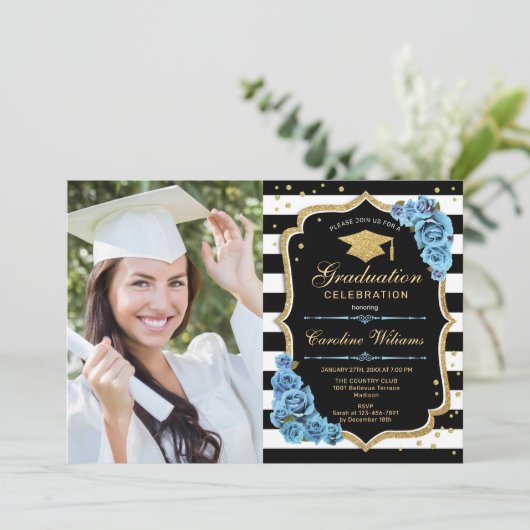 Afstudeerfeest met foto - goudblauwe bloemen kaart (Staand voorkant)