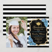 Afstudeerfeest met foto - goudblauwe bloemen kaart (Voorkant / Achterkant)