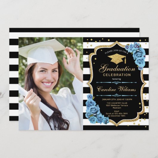 Afstudeerfeest met foto - goudblauwe bloemen kaart (Voorkant / Achterkant)