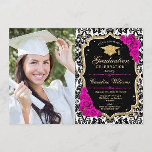 Afstudeerfeest met foto - Hot Pink Gold Black Kaart