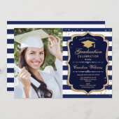 Afstudeerfeest met foto - Navy White Gold Kaart (Voorkant / Achterkant)
